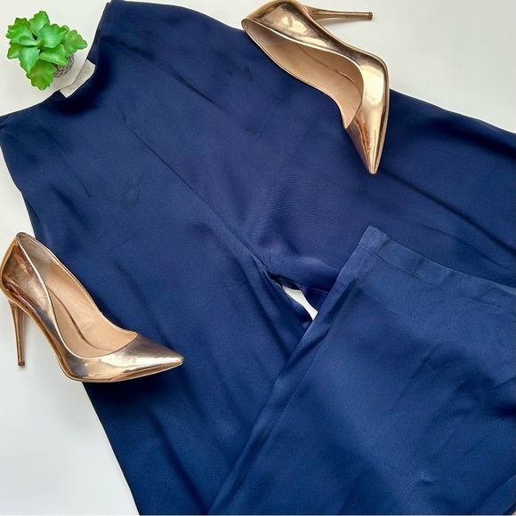 Les Heroines by Vanessa Cocchiaro Wide Leg Trouser Pants Navy Blue Satin Size 8 - Picture 13 of 13